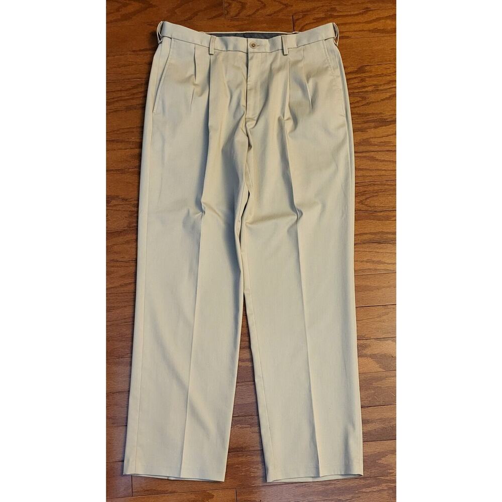 Haggar Mens Premium No-Iron Tan/Brown Khaki Classic-Fit Pants~34x32